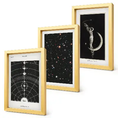 Sluneční soustava a galaxie s postavou na Měsíci sada tří obrazů