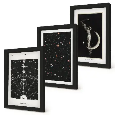 Sluneční soustava a galaxie s postavou na Měsíci sada tří obrazů