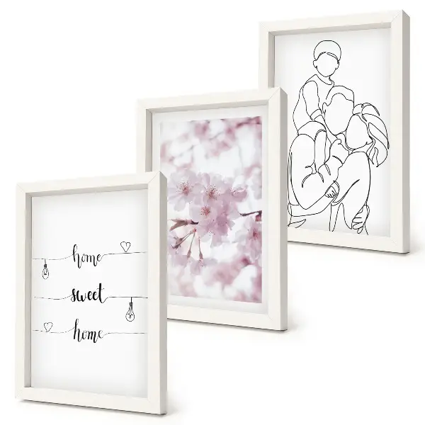 Sada tří obrazů květiny a rodina v minimalistickém designu