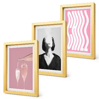 Sada tří obrazů stylový portrét ženy relaxující v šampaňském