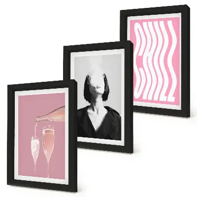 Sada tří obrazů stylový portrét ženy relaxující v šampaňském