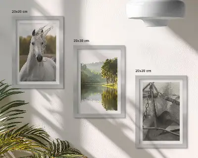 Bílí koně u řeky sada tří obrazů s přírodní krajinou