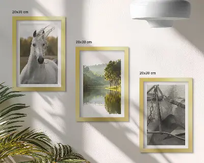 Bílí koně u řeky sada tří obrazů s přírodní krajinou