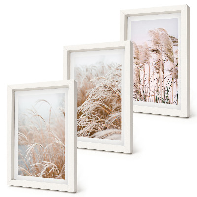 Sada tří obrazů Trávnatá pole v jemných odstínech hnědé a béžové