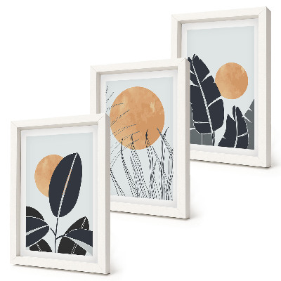 Sada tří obrazů Rostlinné vzory s velkými sluncí, minimalistický styl