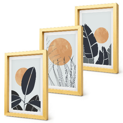 Sada tří obrazů Rostlinné vzory s velkými sluncí, minimalistický styl