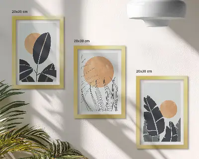 Sada tří obrazů rostlinné vzory s motivem velkých sluncí v minimalistickém stylu