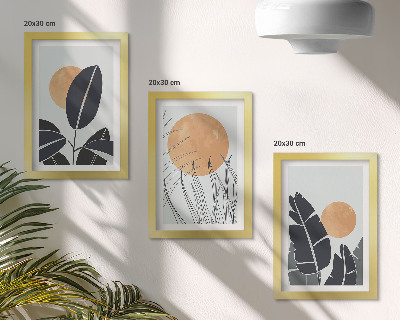 Sada tří obrazů Rostlinné vzory s velkými sluncí, minimalistický styl