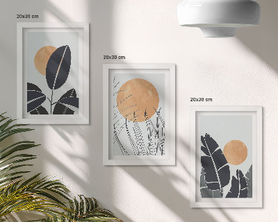 Sada tří obrazů Rostlinné vzory s velkými sluncí, minimalistický styl
