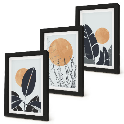 Sada tří obrazů Rostlinné vzory s velkými sluncí, minimalistický styl