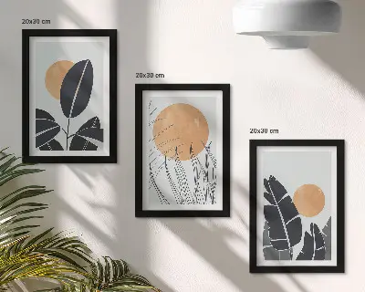Sada tří obrazů rostlinné vzory s motivem velkých sluncí v minimalistickém stylu