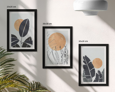 Sada tří obrazů Rostlinné vzory s velkými sluncí, minimalistický styl