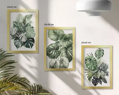 Sada obrazů na zeď zelené listy tropických rostlin v akvarelovém stylu