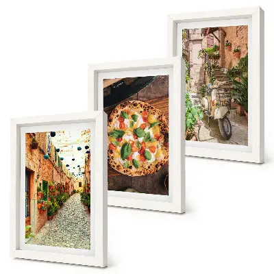 Sada tří obrazů okouzlující uličky s rostlinami a italskou pizzou