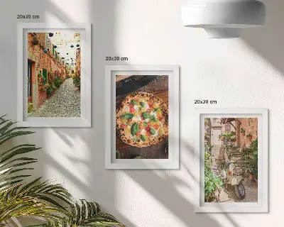 Sada tří obrazů okouzlující uličky s rostlinami a italskou pizzou