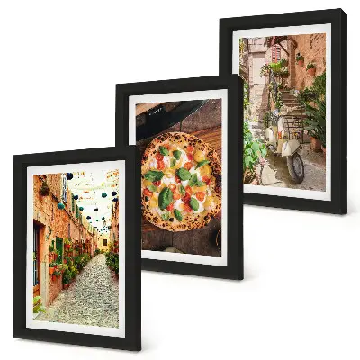 Sada tří obrazů okouzlující uličky s rostlinami a italskou pizzou