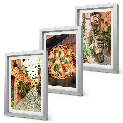 Sada tří obrazů okouzlující uličky s rostlinami a italskou pizzou
