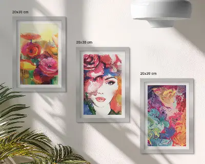 Sada obrazů na zeď květiny v intenzivních barvách s portrétem ženy v abstraktním stylu