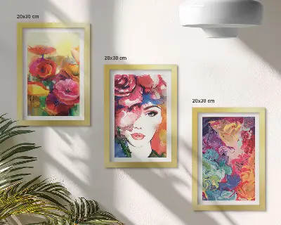 Sada obrazů na zeď květiny v intenzivních barvách s portrétem ženy v abstraktním stylu