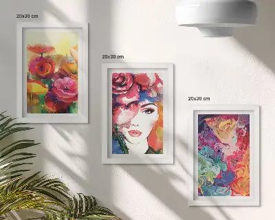 Sada obrazů na zeď květiny v intenzivních barvách s portrétem ženy v abstraktním stylu