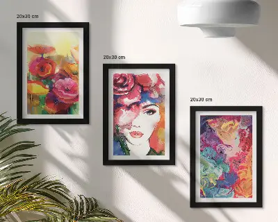 Sada obrazů na zeď květiny v intenzivních barvách s portrétem ženy v abstraktním stylu