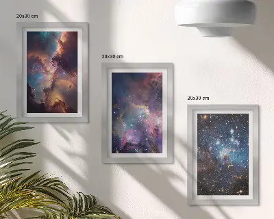 Sada tří obrazů vesmírné krajiny s hvězdami a mlhovinami
