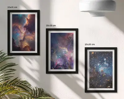 Sada tří obrazů vesmírné krajiny s hvězdami a mlhovinami