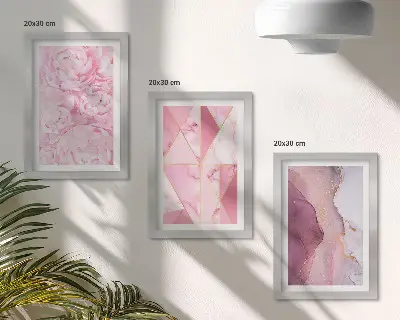 Sada obrazů na zeď s motivem růžových pivoněk a geometrických vzorů