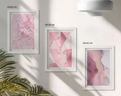 Sada obrazů na zeď s motivem růžových pivoněk a geometrických vzorů
