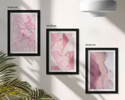 Sada obrazů na zeď s motivem růžových pivoněk a geometrických vzorů