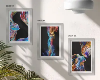 Sada tří obrazů barevné abstrakce s obličeji a dynamickými tvary