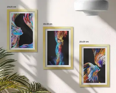 Sada tří obrazů barevné abstrakce s obličeji a dynamickými tvary