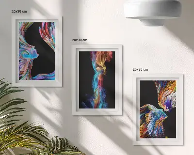 Sada tří obrazů barevné abstrakce s obličeji a dynamickými tvary