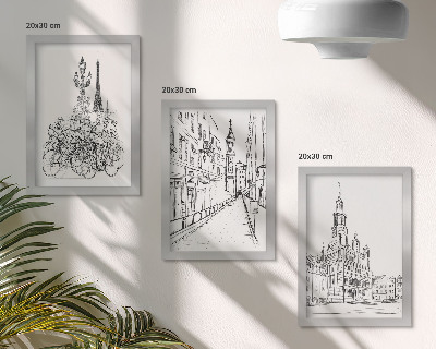 Sada tří obrazů Jednoduché kresby městských pohledů