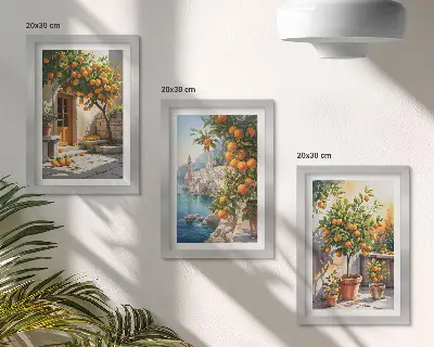 Sada obrazů na zeď s motivem malovaných citrusových plodů a přímořské krajiny