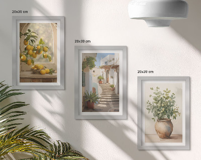 Sada tří obrazů Citrony ve váze a rostliny v bílé architektuře