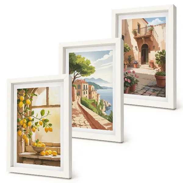 Sada tří obrazů citrusové plody v kuchyni s výhledem na moře a město