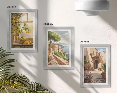 Sada tří obrazů citrusové plody v kuchyni s výhledem na moře a město