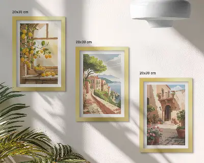 Sada tří obrazů citrusové plody v kuchyni s výhledem na moře a město