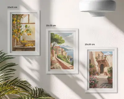 Sada tří obrazů citrusové plody v kuchyni s výhledem na moře a město