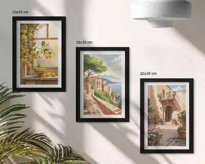 Sada tří obrazů citrusové plody v kuchyni s výhledem na moře a město