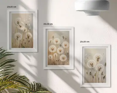 Sada tří obrazů bílé pampelišky na pozadí jasných barev