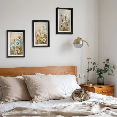 Sada obrazů na zeď květy pampelišky na pozadí pastelových trav
