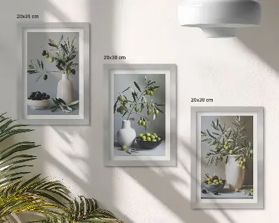 Sada tří obrazů olivy ve vázách na pozadí v tlumených barvách