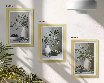 Sada tří obrazů olivy ve vázách na pozadí v tlumených barvách