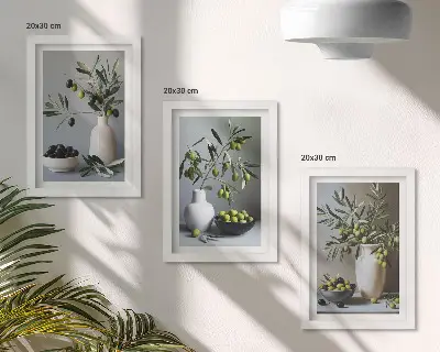 Sada tří obrazů olivy ve vázách na pozadí v tlumených barvách