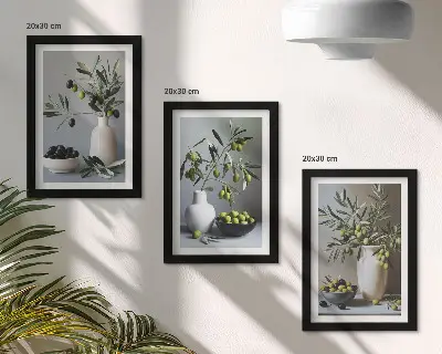 Sada tří obrazů olivy ve vázách na pozadí v tlumených barvách
