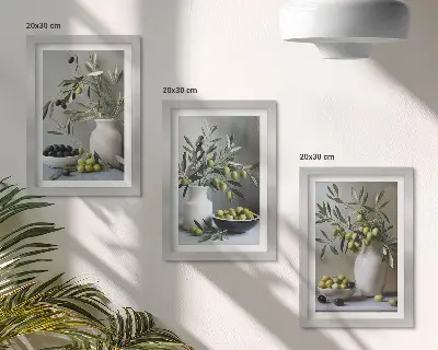 Vícedílný obraz v rámu olivy ve vázách s větvemi na šedém pozadí