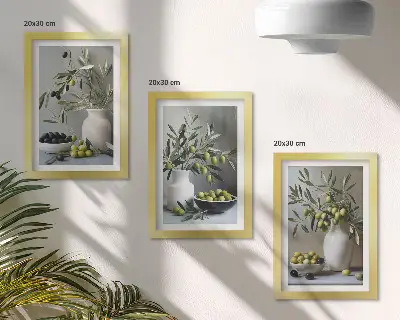 Vícedílný obraz v rámu olivy ve vázách s větvemi na šedém pozadí