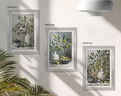 Sada obrazů na zeď olivy v keramických miskách na šedém pozadí
